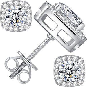 925 Sterling Silver Moissanite Square Halo Stud Earrings 7mm NWT